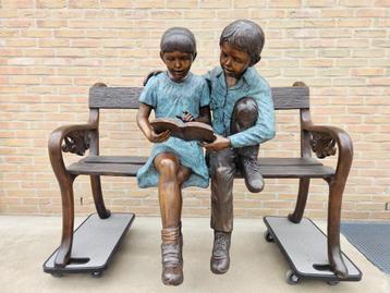 BRONZEN TUINBANK MET JONGEN EN MEISJE ZWARE UITVOERING !!! beschikbaar voor biedingen