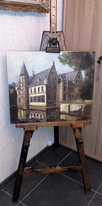 Antieken decoratieve schildersezel + schilderij beschikbaar voor biedingen