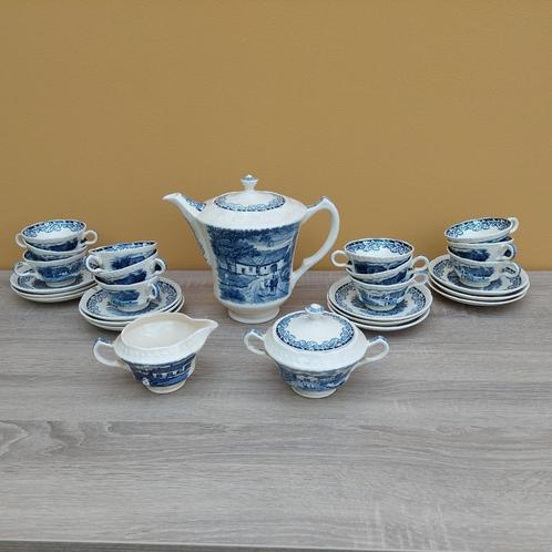 Koffieset Boerenhoeve Blauw Société Céramique - volledig, Antiek en Kunst, Antiek | Servies compleet, Ophalen of Verzenden