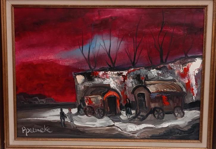 PAUL PERMEKE groot schilderij woonwagens, Antiek en Kunst, Kunst | Schilderijen | Klassiek, Ophalen of Verzenden