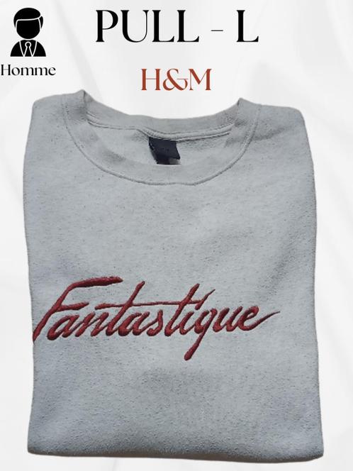 H&M witte herentrui L — „Fantastic” borduursel — 2e hands,, Kleding | Heren, Truien en Vesten, Gedragen, Maat 52/54 (L), Wit, Ophalen of Verzenden