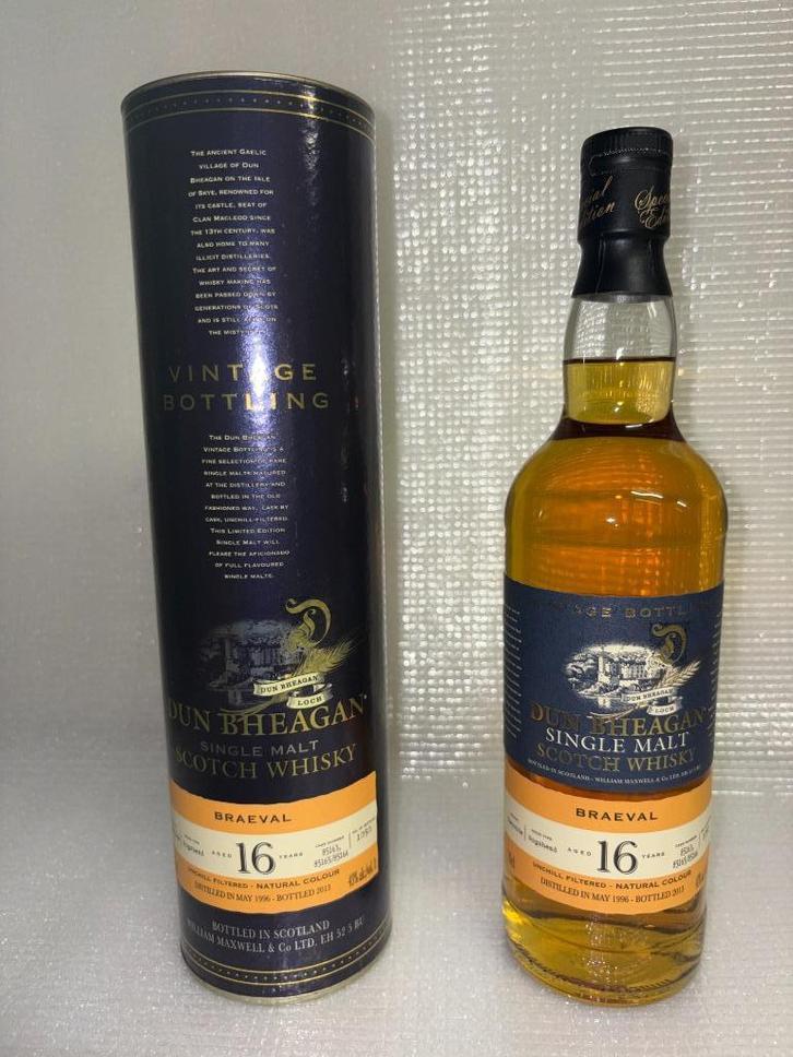 Single Malt Whisky - Braeval 1996 Dun Bheagan - 16y, Verzamelen, Wijnen, Zo goed als nieuw, Overige typen, Vol, Ophalen of Verzenden