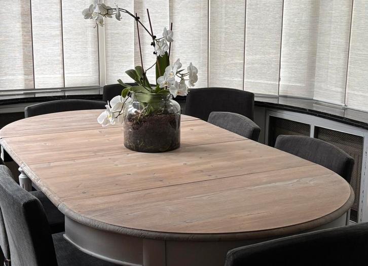 Mobitec eetkamerstoelen x8 warm grijs, Huis en Inrichting, Stoelen, Gebruikt, Vijf, Zes of meer stoelen, Hout, Stof, Grijs, Ophalen