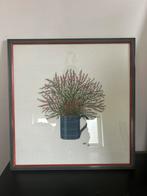 Ingelijst handgeborduurd kunstwerk,Heide in blauwe kan 1996, Ophalen, Zo goed als nieuw