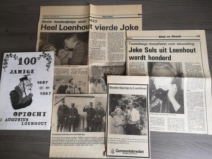 Honderdjarige Joke Suls Loenhout 1887 1987 Knipsels + Boekje, Verzamelen, Foto's en Prenten, Ophalen of Verzenden