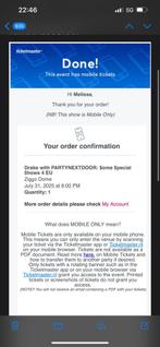 Drake PARTYNEXTDOOR 31 juli Amsterdam platinum ticket 109, Eén persoon, Juli