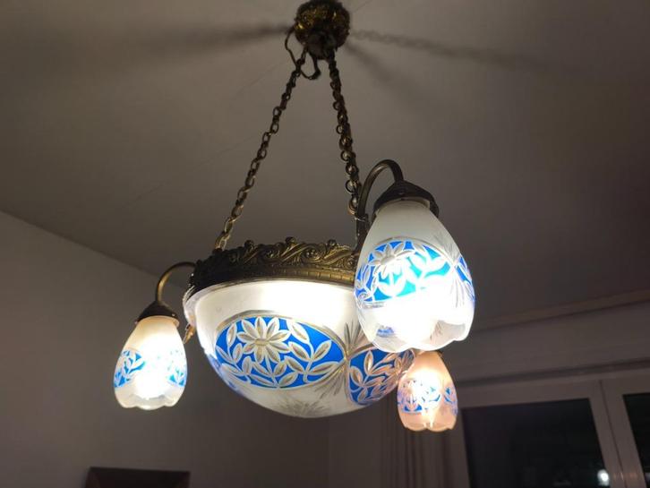 Antieke 3-armige kroonluchter - Art Nouveau-stijl, Kristal, Huis en Inrichting, Lampen | Kroonluchters, Gebruikt, Glas, Metaal