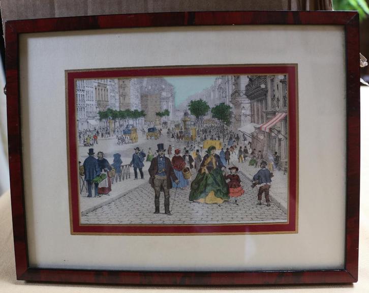 antieke hand ingekleurde ets of litho, scène uit 19de E, Antiquités & Art, Art | Peinture | Classique, Enlèvement ou Envoi