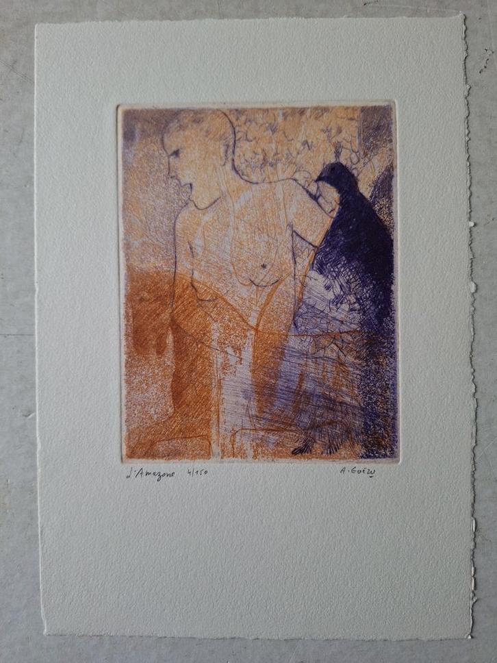 Kleurets van André Goezu getiteld L'amazone, Antiek en Kunst, Kunst | Etsen en Gravures, Ophalen of Verzenden