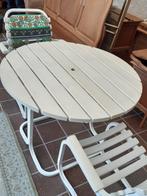 Vintage terrastafel met 2 stoelen en kussens, Tuinset, Eettafel, Gebruikt, 2 zitplaatsen