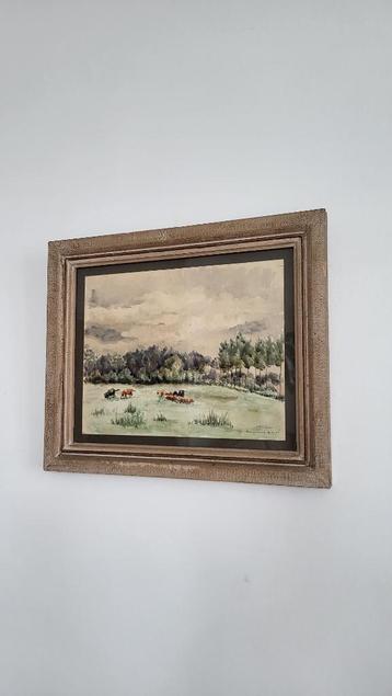 Vintage aquarel landschap met koeien beschikbaar voor biedingen