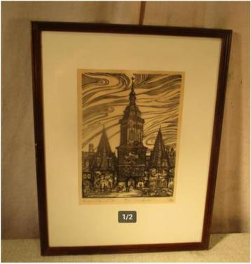 Belle gravure sur bois ancienne « 3 tours » - signée, Enlèvement ou Envoi