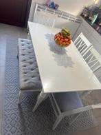 Uitschuifbare tafel wit, 155/215 x 87 en stoelen/bank, Huis en Inrichting, Tafels | Eettafels, Ophalen, 50 tot 100 cm, Zo goed als nieuw