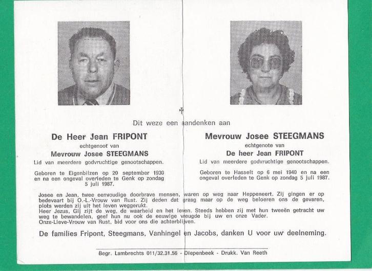 DP Koppel samen verongelukt te Genk, Verzamelen, Bidprentjes en Rouwkaarten, Bidprentje, Verzenden