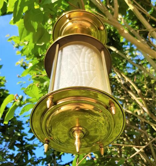 Kleine vintage kroonluchter in de vorm van een lantaarn, Huis en Inrichting, Lampen | Plafondlampen, Gebruikt, Glas, Metaal, Ophalen of Verzenden