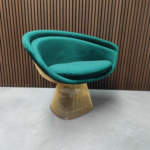 Knoll Platner Fauteuil in 18-karaats Goud met Groene Velours, Huis en Inrichting, Stoelen, Nieuw, Eén, Stof, Overige kleuren, Ophalen of Verzenden