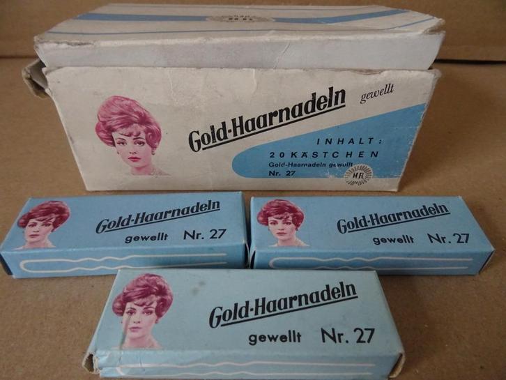 Curiosa vintage haarspelden H.R. Gold-haarnadeln gewellt1950, Antiek en Kunst, Curiosa en Brocante, Ophalen of Verzenden
