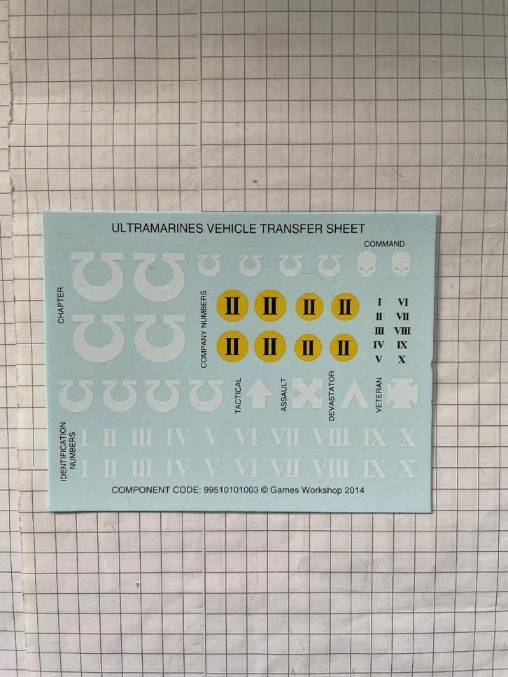 Feuille de décalcomanies neuve véhicules Ultramarines W40K, Hobby en Vrije tijd, Wargaming, Nieuw, Warhammer 40000, Accessoires