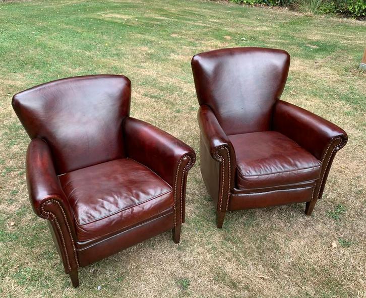 2 tijdloze schaapleren ClubFauteuils van Muylaert Belgie, Huis en Inrichting, Fauteuils, Gebruikt, Leer, 75 tot 100 cm, 75 tot 100 cm