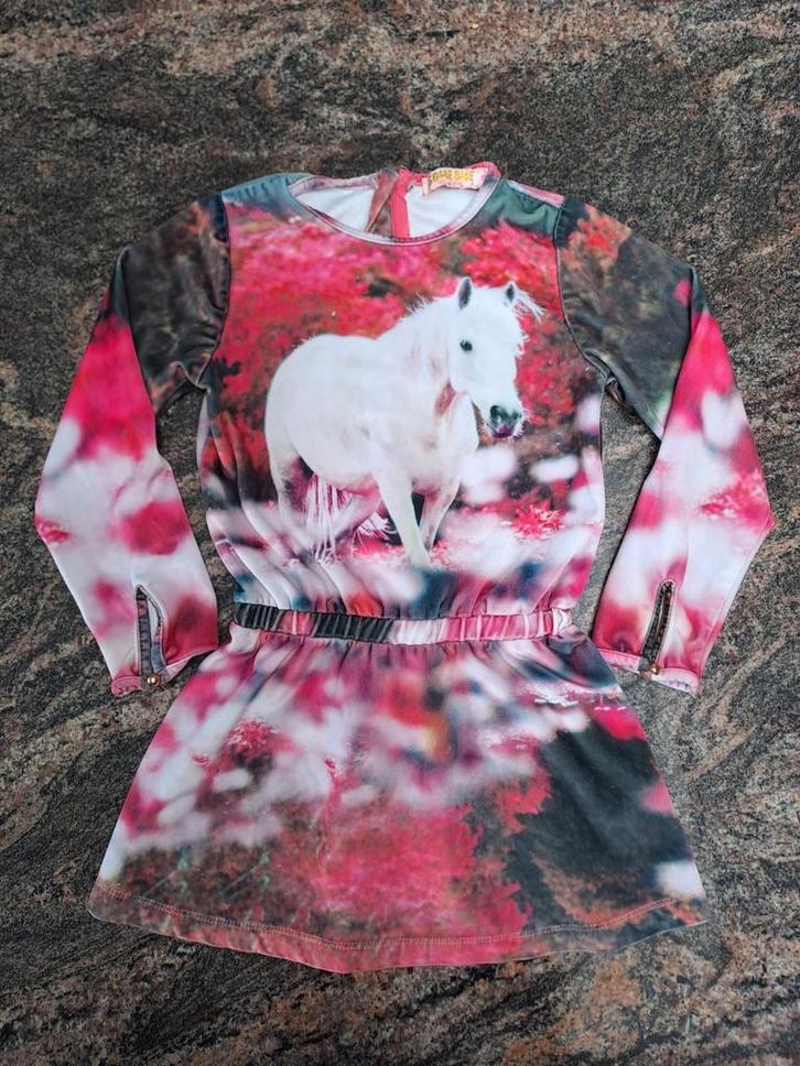 Mt 116 Roze, wit, zwarte winterjurk met paard, Kinderen en Baby's, Kinderkleding | Maat 116, Zo goed als nieuw, Meisje, Jurk of Rok