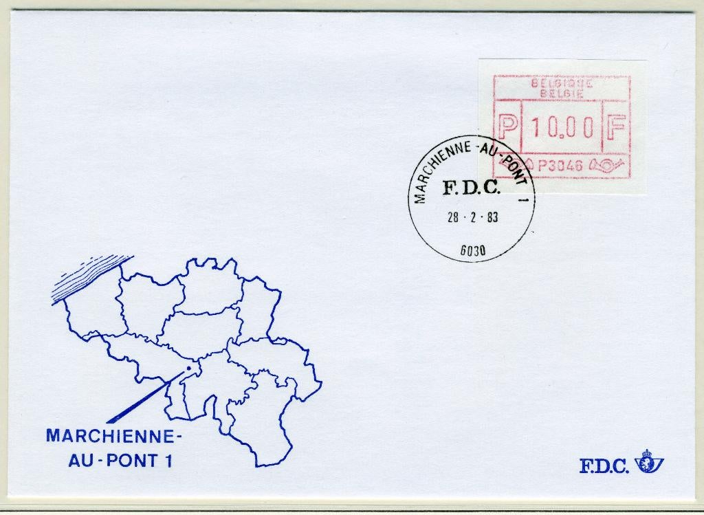 (B) ATM46 FDC Envelop 1983 - Marchienne au-Pont 1 (P3046), Met envelop, Ophalen of Verzenden, Gestempeld, 1e dag stempel