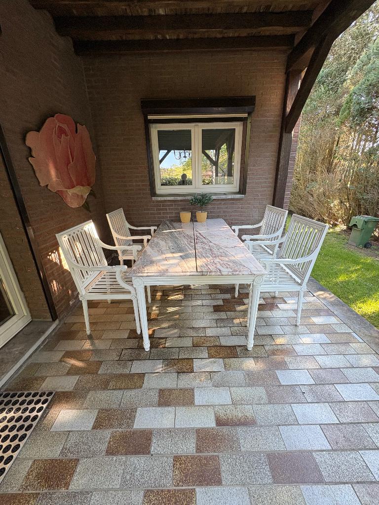 Ensemble de terrasse 8 pièces en fonte avec dessus en marbre, Enlèvement, Utilisé, Rectangulaire