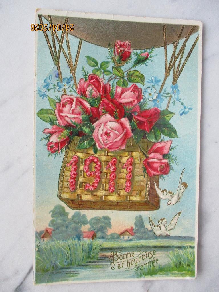 nieuwjaar luchtballon duiven 1911 in bloemen, Verzenden, Voor 1920, Gelopen, Feest(dag)