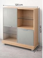 Design-opslagunit van hout en glas — TB-conditie — Modern, Huis en Inrichting, Kasten | Ladekasten, Ophalen, 100 tot 150 cm, 100 tot 150 cm