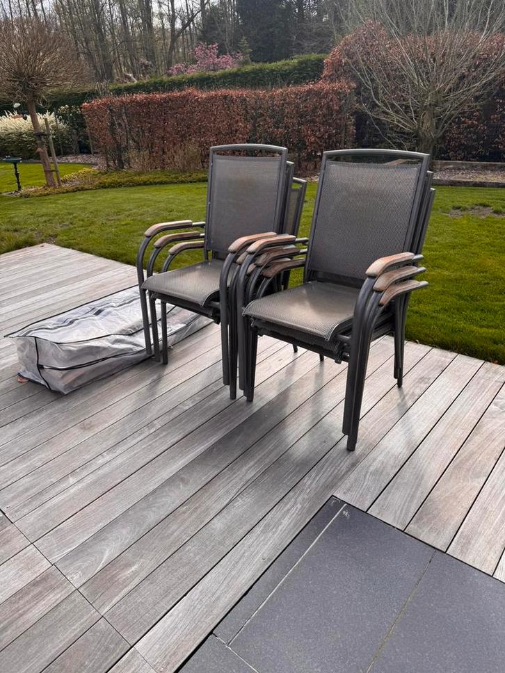 “Hartman” 6 stapelbare  tuinstoelen met houten armleuningen, Jardin & Terrasse, Chaises de jardin, Utilisé, Aluminium, Empilable
