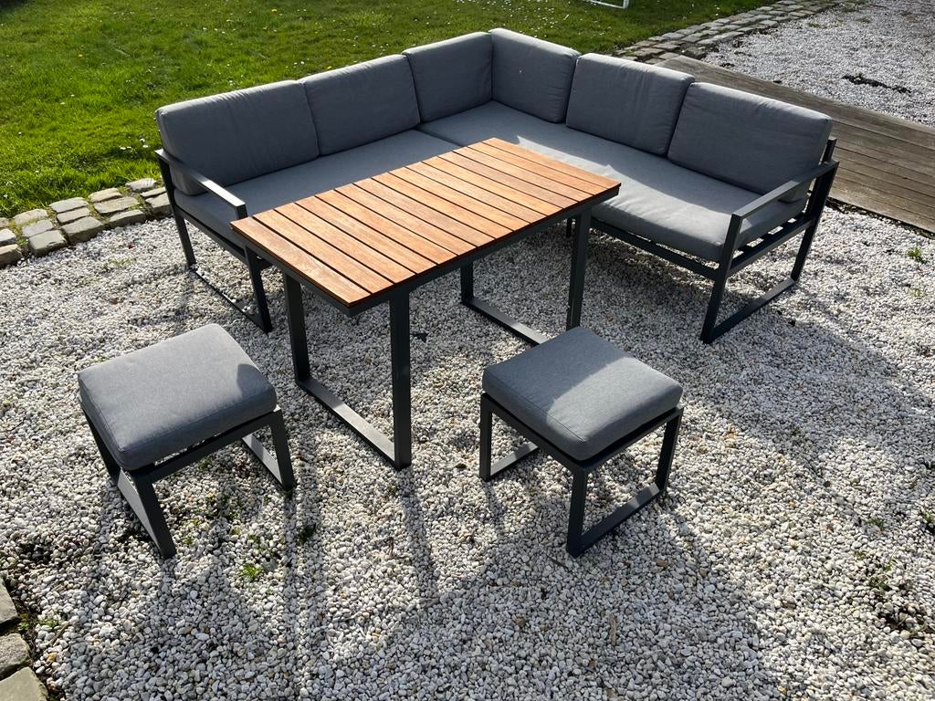 Ensemble de salon avec table et 2 poufs, Enlèvement, Comme neuf, Bois, Sets de jardin