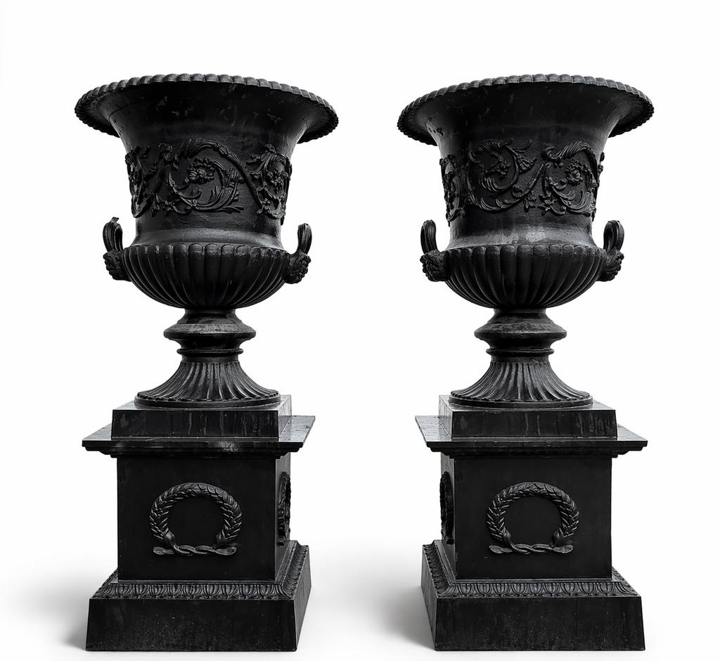 Paar 20 eeuwse vazen in gietijzer fonte, Tuin en Terras, Ophalen, Zo goed als nieuw