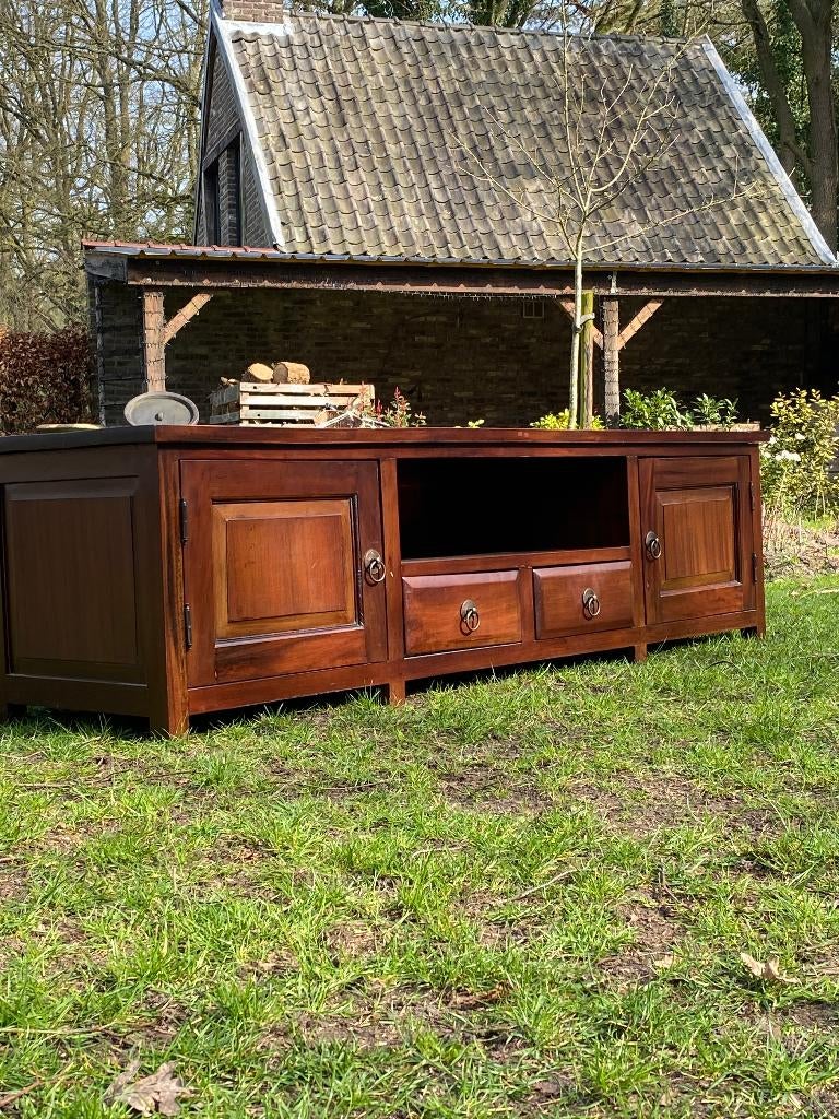 Koloniale TV-kast van massief teakhout – 180 x 50 x 50 cm, Huis en Inrichting, Ophalen, Teakhout, Zo goed als nieuw, Minder dan 100 cm