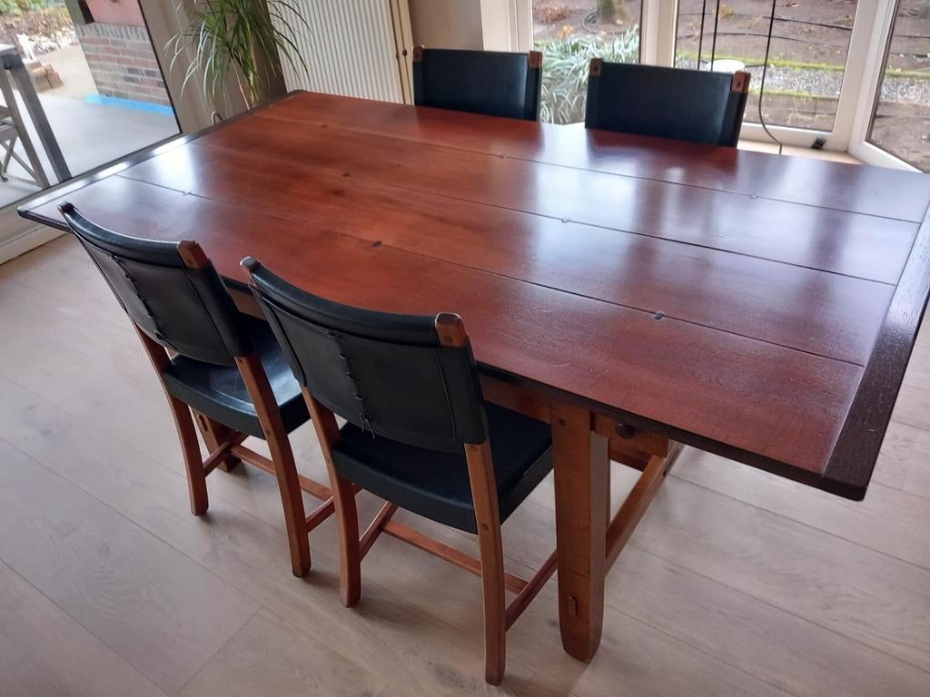 Authentieke tafel met mooie details afgewerkt (1m op 2m), Ophalen, Gebruikt, 100 tot 150 cm, 200 cm of meer