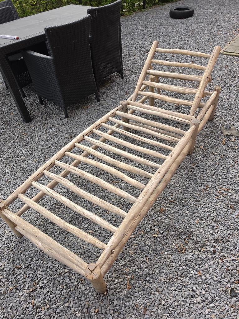 Ligbed teak stammen., Tuin en Terras, Ligbedden, Ophalen, Zo goed als nieuw, Teakhout, Verstelbaar