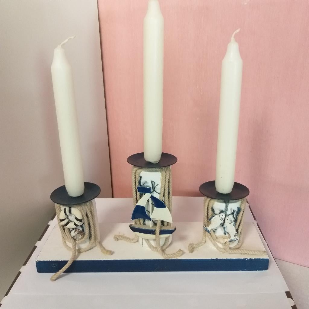 Triple Bougeoir décor marin, Enlèvement ou Envoi, Bleu, Bougie
