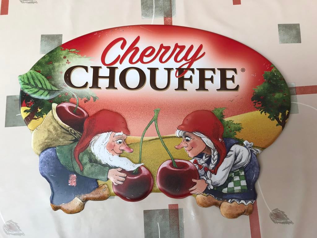 Cherry chouffe metalen reclamebord, Verzamelen, Ophalen of Verzenden, Gebruikt, Reclamebord