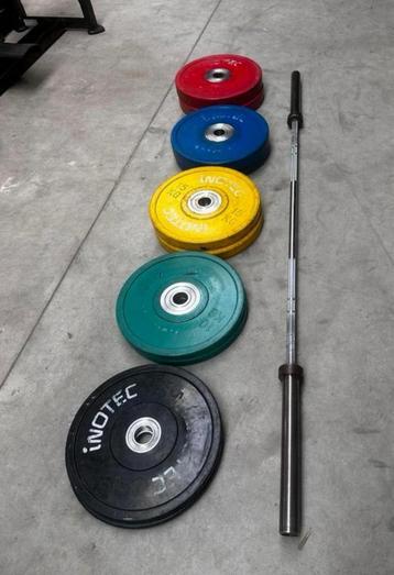 150kg Gekleurde Competition Bumperplates +Barbell 220cm,20kg beschikbaar voor biedingen