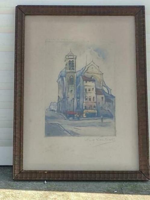 Gravure saint Nicolas du Chardonnet signe Eugène lautral, Antiek en Kunst, Kunst | Etsen en Gravures, Ophalen of Verzenden