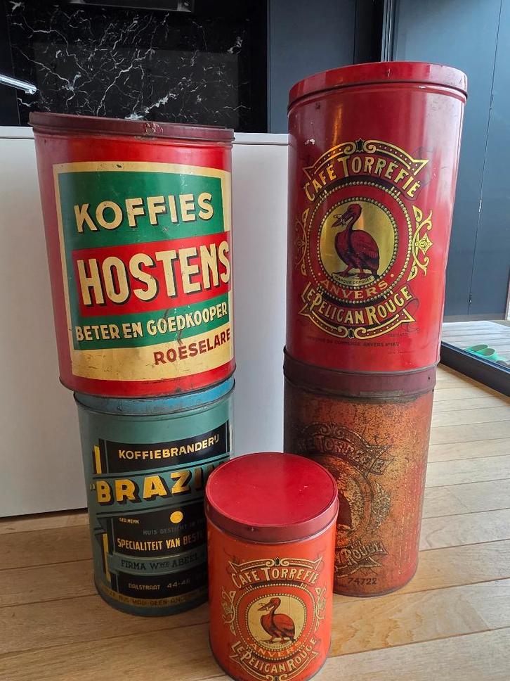 5 Vintage koffieblikken (Roode Pelikaan/ Brazilia / Hostens), Collections, Boîte en métal, Enlèvement