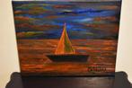 Oranje landschapsschilderij met zeilboot, door joky kamo. 20, Ophalen