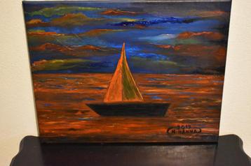 Peinture paysage voilier orange, par joky kamo. 2017, Antiquités & Art, Enlèvement