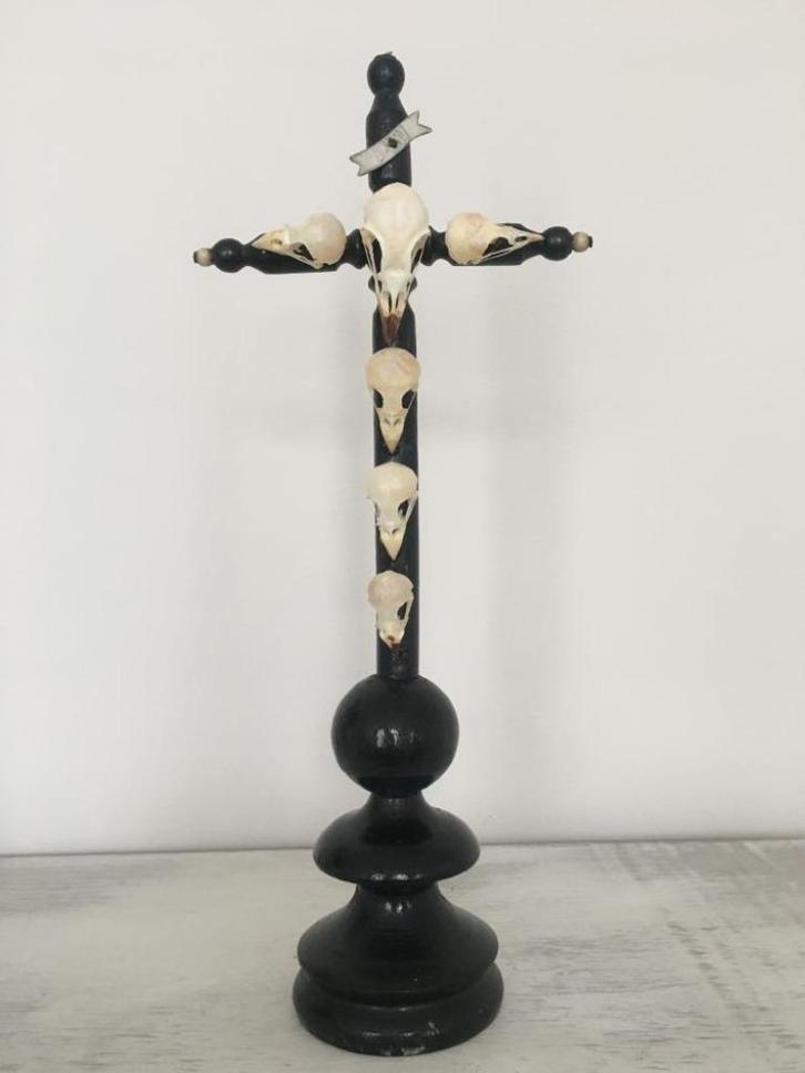 Antiek kruis + schedels vogel /taxidermie /naturalia/ gotic, Antiek en Kunst, Curiosa en Brocante, Ophalen of Verzenden