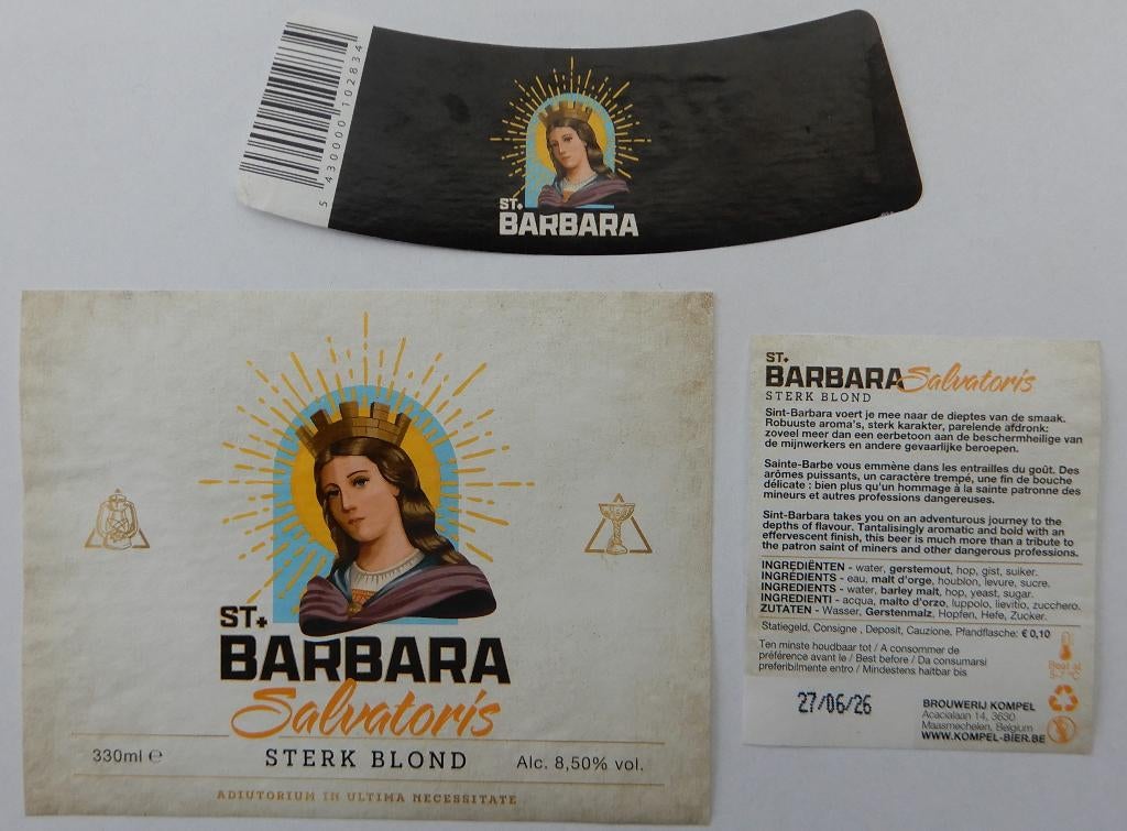 Bieretiket St. Barbara Brouwerij Kompel (12d6), Verzamelen, Biermerken, Gebruikt, Ophalen of Verzenden
