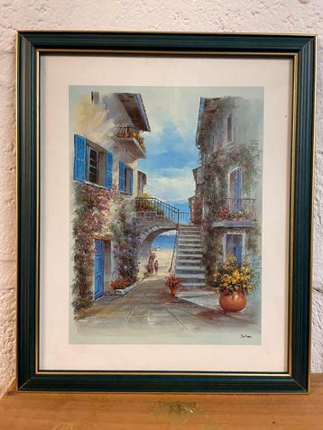 Schilderij Bloemrijke straat met uitzicht op het strand