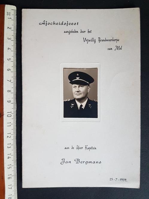 Menu Spijskaart Brandweer Mol Jan Bergmans 1959 Pompier, Verzamelen, Militaria | Algemeen, Overige soorten, Foto of Poster, Ophalen of Verzenden