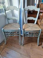 Paar rustieke stoelen, rieten zitting, blauwe patina, Ophalen