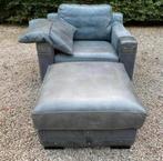 Opruiming: Stoere echt leren Canvas Fauteuil + Poef, Ophalen, Gebruikt