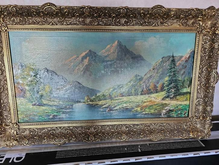 Tableau ancien – Paysage de montagne avec lac, Antiek en Kunst, Kunst | Schilderijen | Klassiek, Ophalen