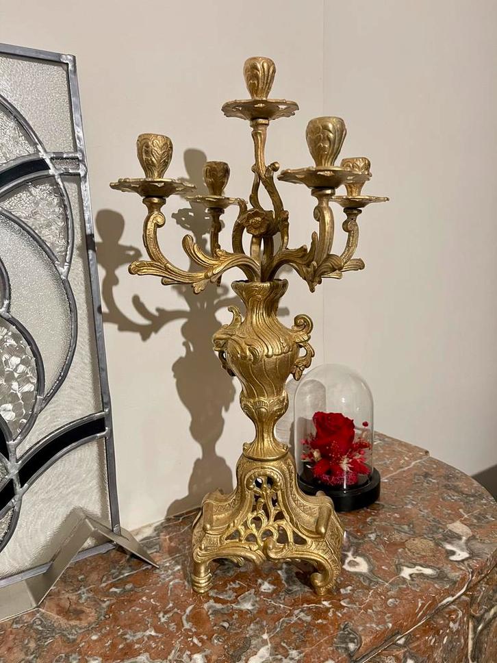 chandelier 5 branches en laiton, style rococo / Louis XV, Antiquités & Art, Antiquités | Bougeoirs, Autres matériaux, Enlèvement