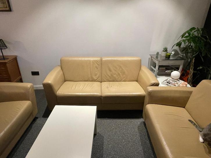 Salon beige leder, Huis en Inrichting, Zetels | Complete zithoeken, Gebruikt, Leer, Ophalen